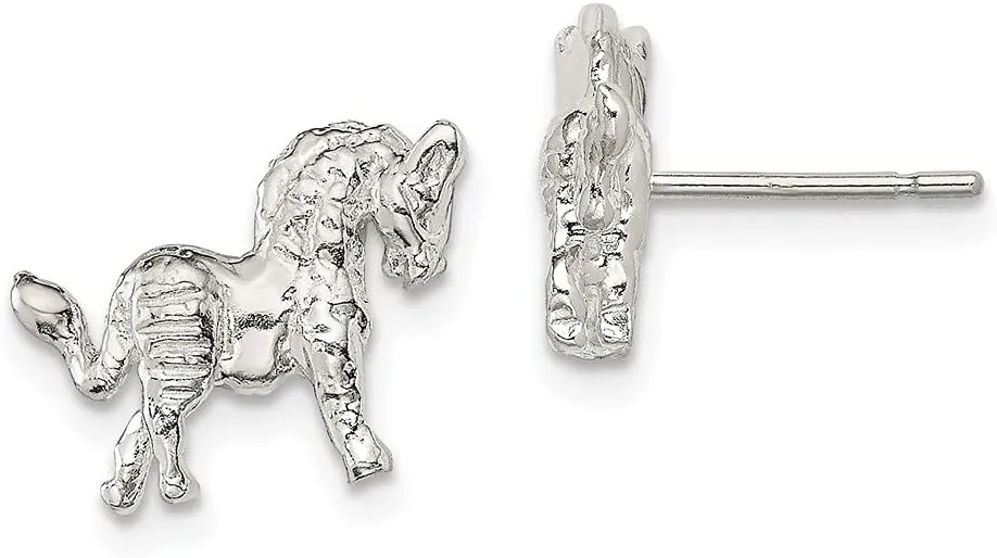Real 925 Sterling Silver Horse Mini Button Post Studs Earrings - 11mm x 13mm