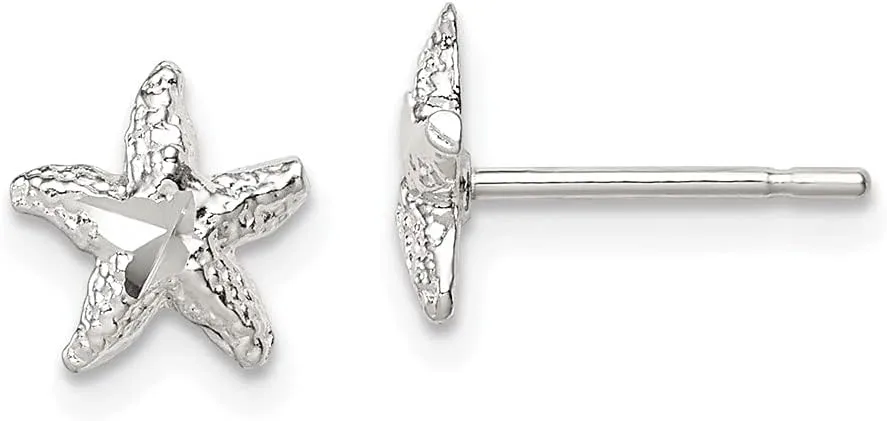 Real 925 Sterling Silver Starfish Mini Studs Earrings with Diamond-Cut Center 8mm