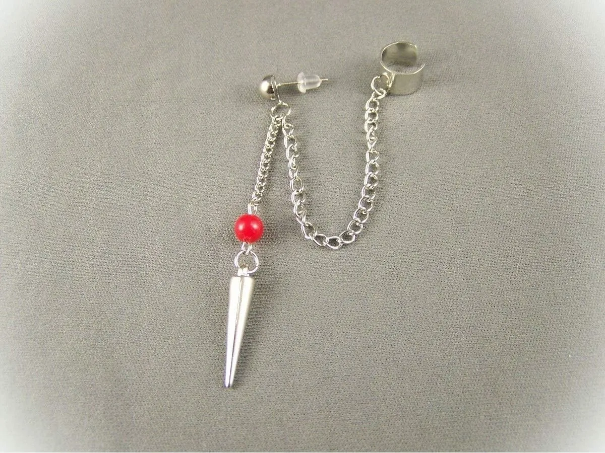 Red Bead Silver Tone Dangle Post Spike Earrings For Women Set Ear Cuff 3" Long Chain Spiked