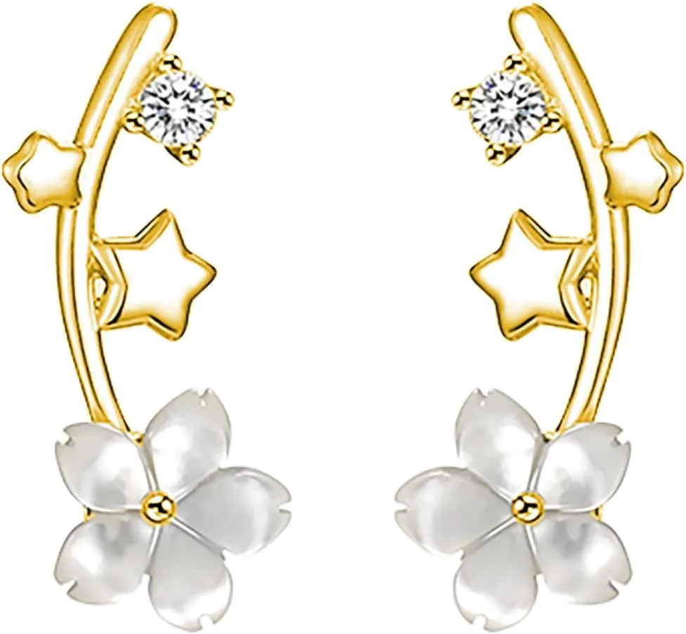 Reffeer Solid 925 Sterling Silver CZ Flower Crawler Earrings Wrap for Women Teens Dainty Flower Earrings Cuff Piercings Star Climber Earrings Studs
