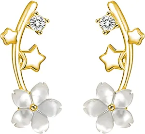 Reffeer Solid 925 Sterling Silver CZ Flower Crawler Earrings Wrap for Women Teens Dainty Flower Earrings Cuff Piercings Star Climber Earrings Studs