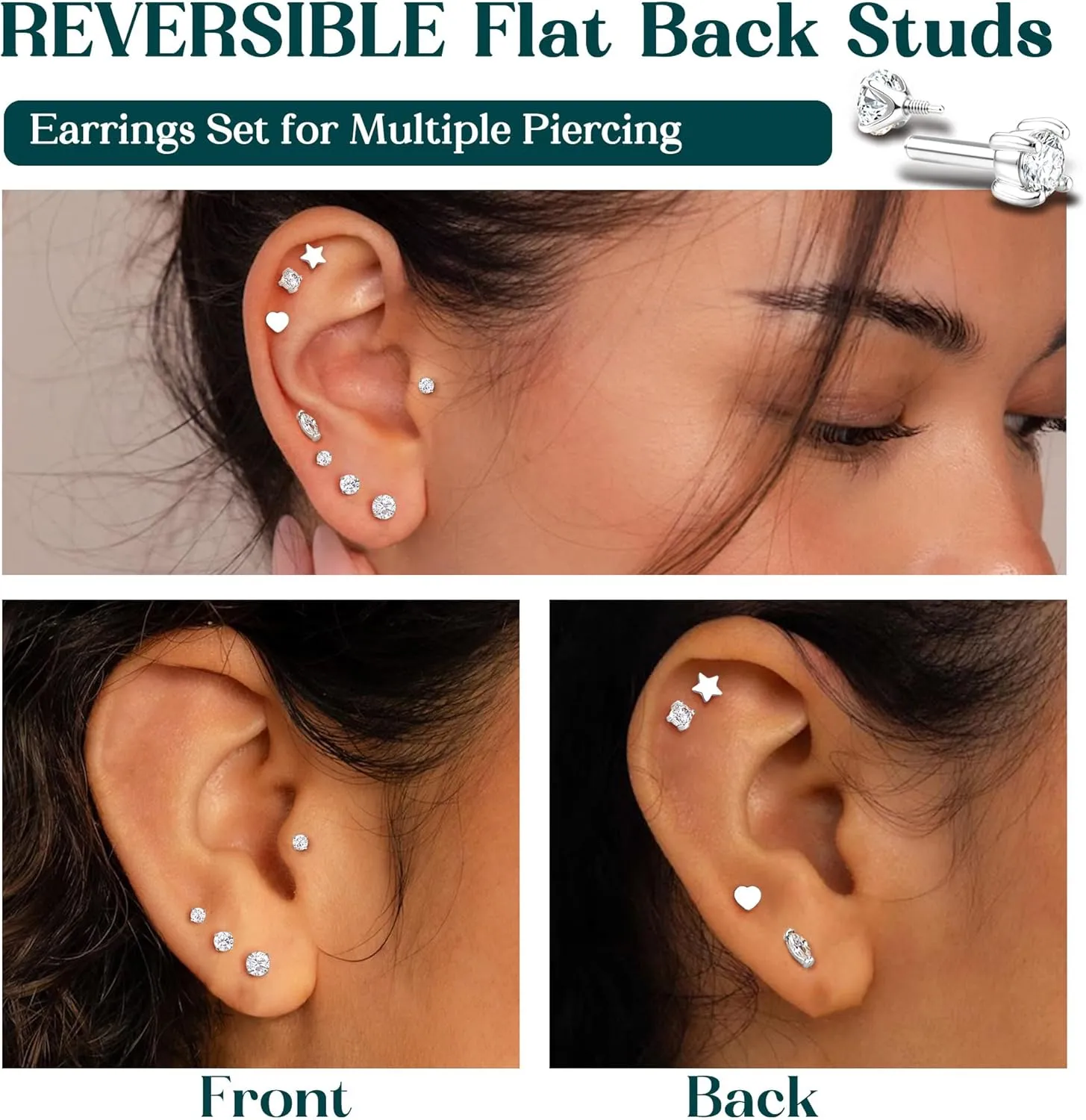 Reversible Flat Back Earrings Studs Hypoallergenic - 14K Gold Filled Surgical Steel Earring 18G Cartilage Helix Tragus Conch Piercing Jewelry Extended Internal Thread Earrings for Women Men