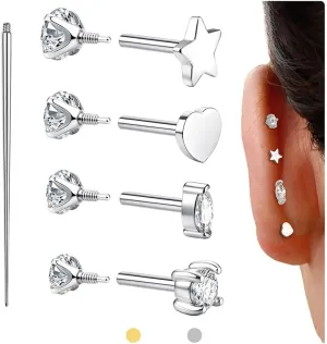 Reversible Flat Back Earrings Studs Hypoallergenic - 14K Gold Filled Surgical Steel Earring 18G Cartilage Helix Tragus Conch Piercing Jewelry Extended Internal Thread Earrings for Women Men