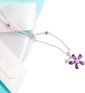 REYMEY Birthstone Amethyst, Aquamarine Floral Pendant | Sterling Silver Jewelry | Cubic Zirconia Necklace for Women | Surprises for Christmas, Valentines, Graduation |