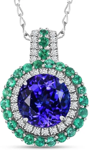 RHAPSODY AAAA Blue Tanzanite Emerald Round 950 Platinum Pendant Necklace for Women Jewelry Birthday Gifts Size 18" Ct 3.34 E-F Color VS Clarity