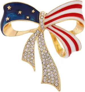 Rhinestone Bowknot USA Flag Brooch Pin for Women Gold Plated Star Blue Red Enamel 4th of July American Patriotic Medal Brooches Dress Accessories Independence Presidential Election Day