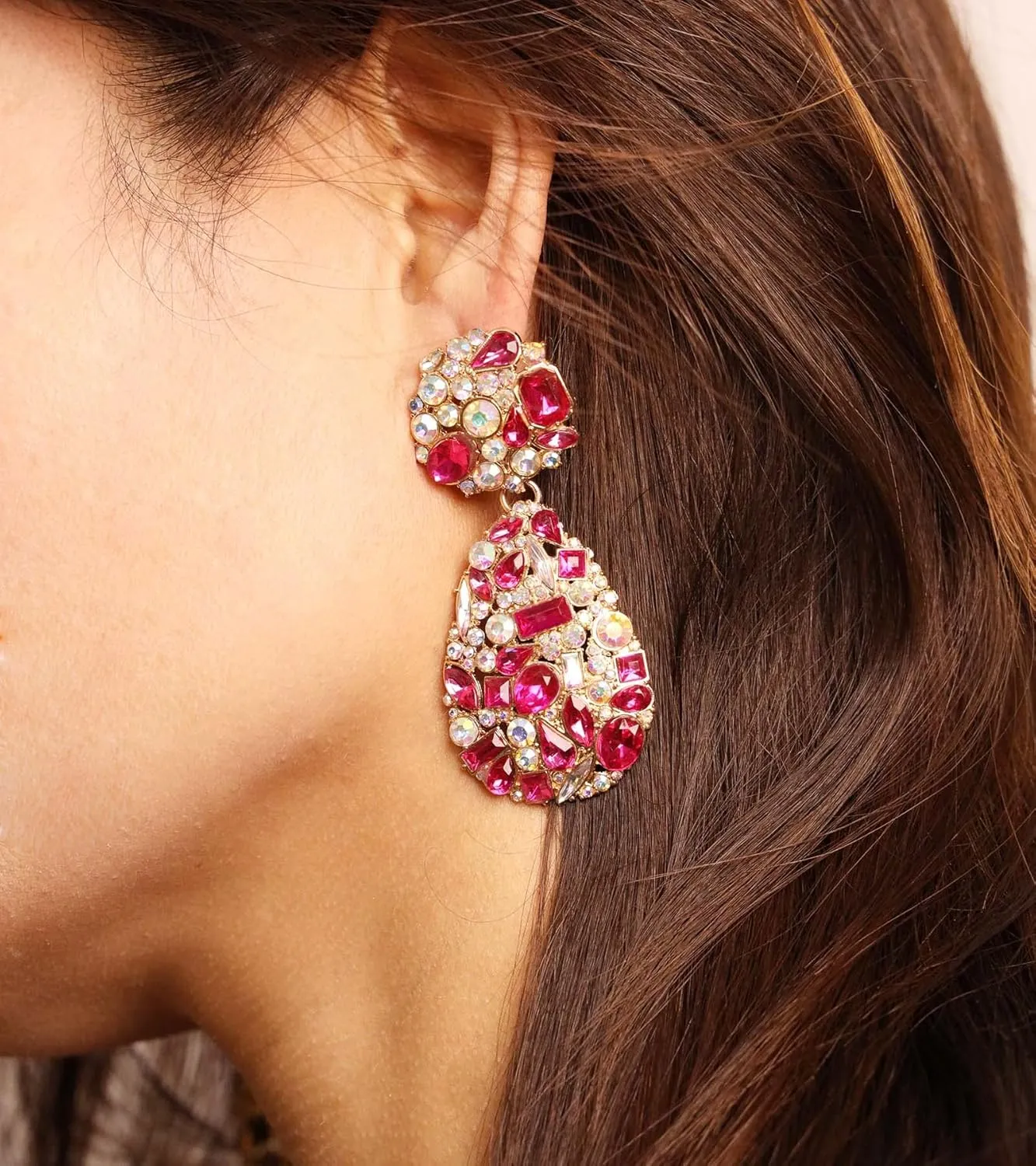 Rhinestone Teardrop Dangle Earrings with Round Studs Statement Drop Earrings Wedding Jewelry