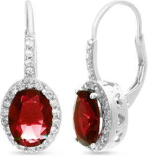 Rhodium Plated Sterling Silver Oval Simulated Gemstone and Cubic Zirconia Bridal Leverback Earring