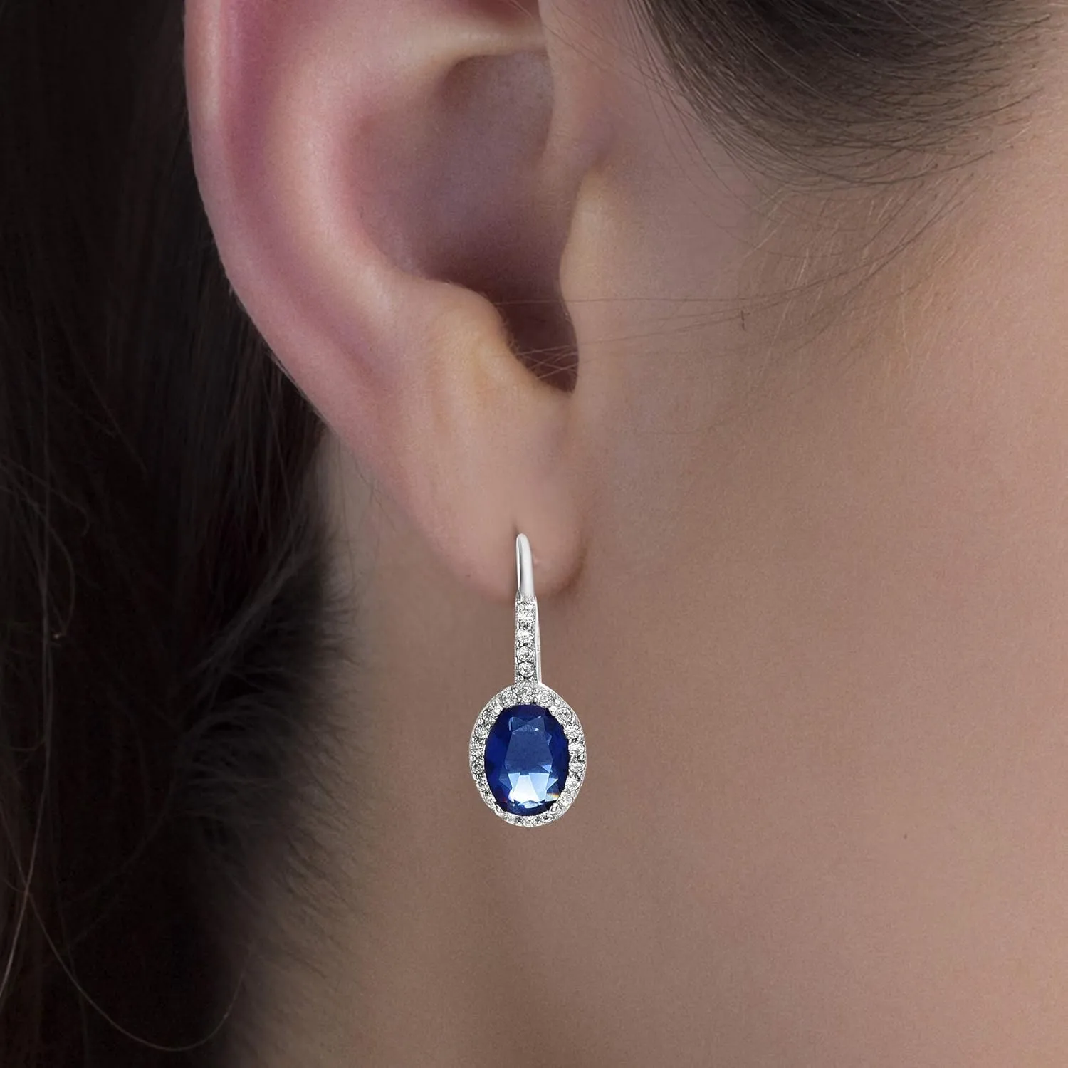 Rhodium Plated Sterling Silver Oval Simulated Gemstone and Cubic Zirconia Bridal Leverback Earring