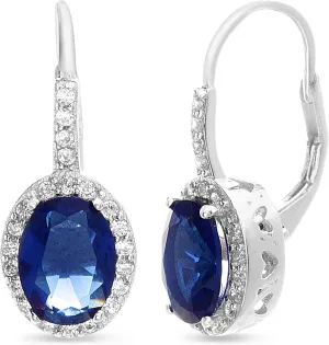 Rhodium Plated Sterling Silver Oval Simulated Gemstone and Cubic Zirconia Bridal Leverback Earring