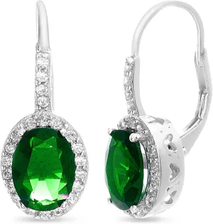 Rhodium Plated Sterling Silver Oval Simulated Gemstone and Cubic Zirconia Bridal Leverback Earring
