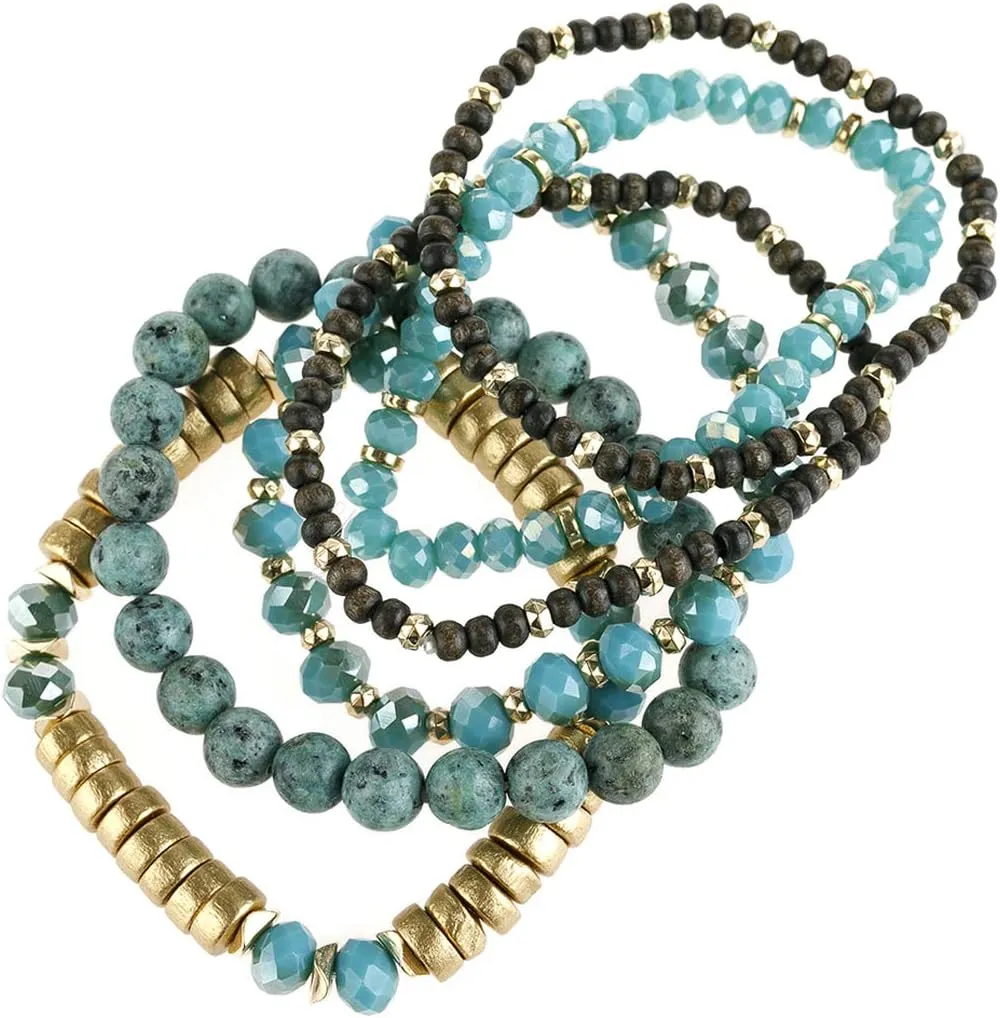 RIAH FASHION Bohemian Beaded Multi Layer Versatile Statement Bracelets - Natural Stone Wood Mix Stackable Stretch Strand Bangles