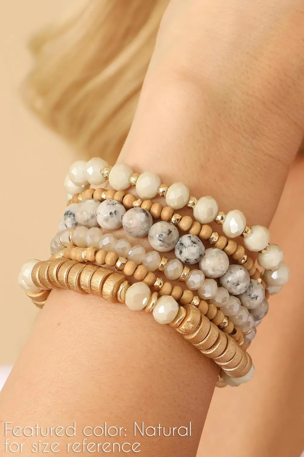 RIAH FASHION Bohemian Beaded Multi Layer Versatile Statement Bracelets - Natural Stone Wood Mix Stackable Stretch Strand Bangles