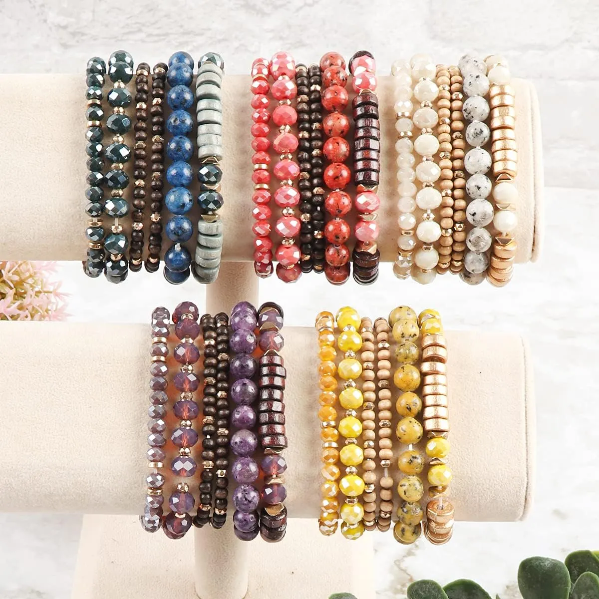 RIAH FASHION Bohemian Beaded Multi Layer Versatile Statement Bracelets - Natural Stone Wood Mix Stackable Stretch Strand Bangles
