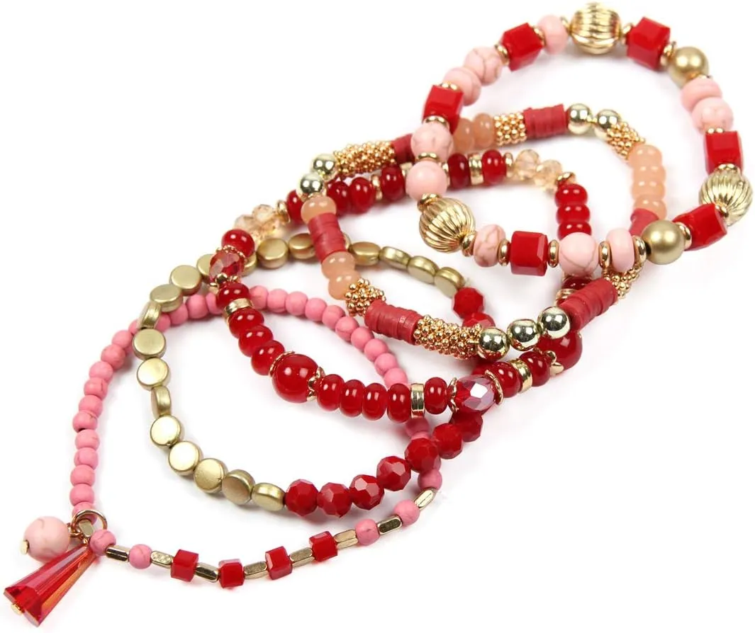 RIAH FASHION Bohemian Mix Bead Multi Layer Versatile Statement Bracelets - Stackable Beaded Strand Stretch Bangles Sparkly Crystal, Tassel Charm