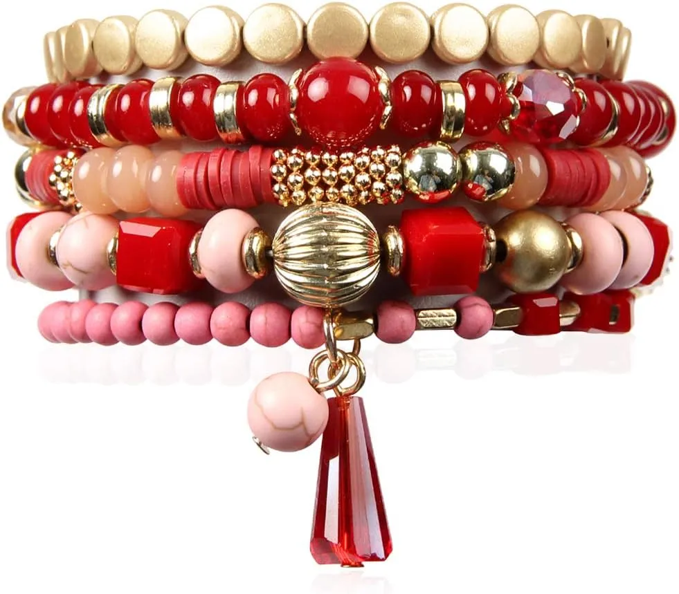 RIAH FASHION Bohemian Mix Bead Multi Layer Versatile Statement Bracelets - Stackable Beaded Strand Stretch Bangles Sparkly Crystal, Tassel Charm