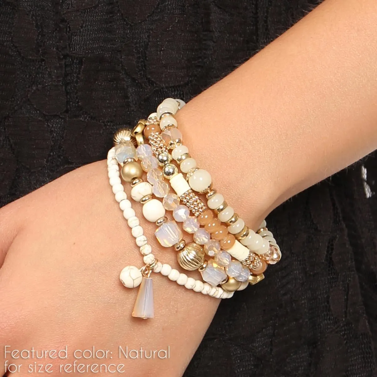 RIAH FASHION Bohemian Mix Bead Multi Layer Versatile Statement Bracelets - Stackable Beaded Strand Stretch Bangles Sparkly Crystal, Tassel Charm
