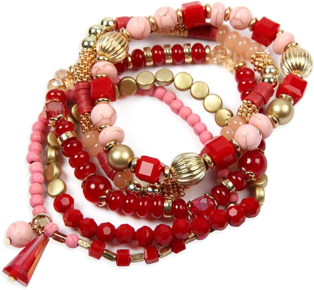 RIAH FASHION Bohemian Mix Bead Multi Layer Versatile Statement Bracelets - Stackable Beaded Strand Stretch Bangles Sparkly Crystal, Tassel Charm