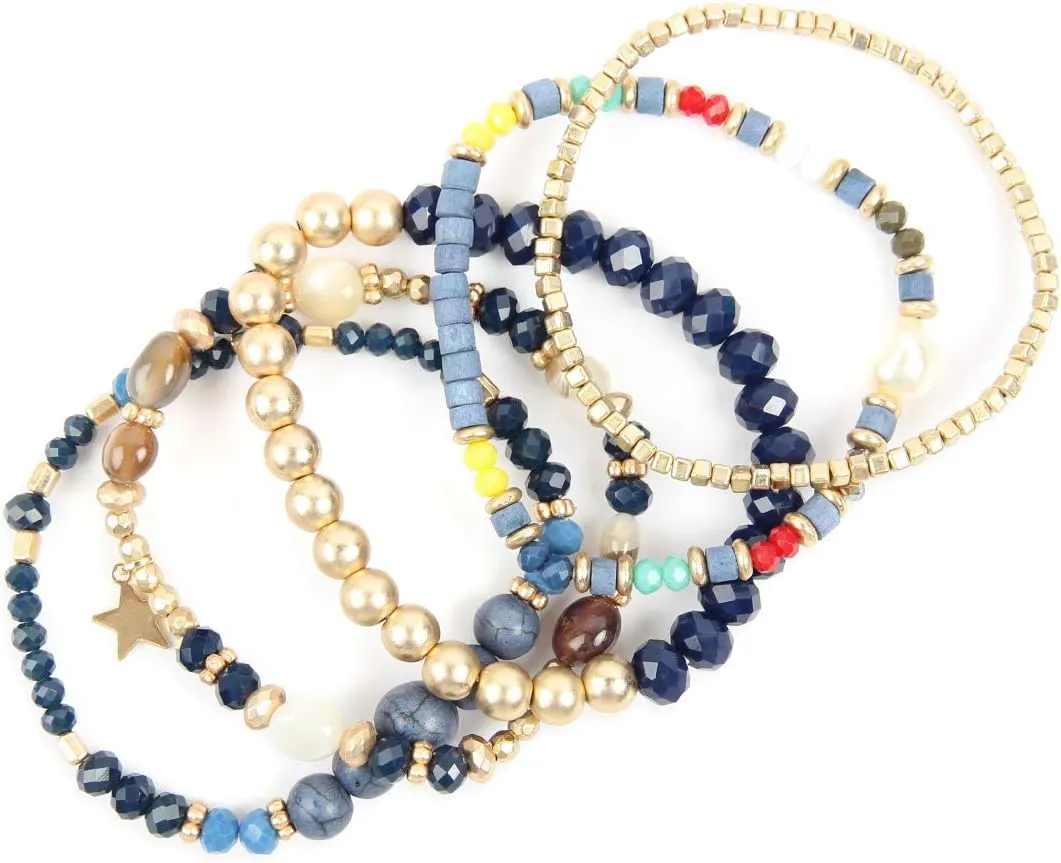 RIAH FASHION Bohemian Multi-Layer Beaded Pendant Statement Stretch Strand Bracelet - Sparkly Bead Tassel Pom Pom Star Charm Stack Cuff Bangles