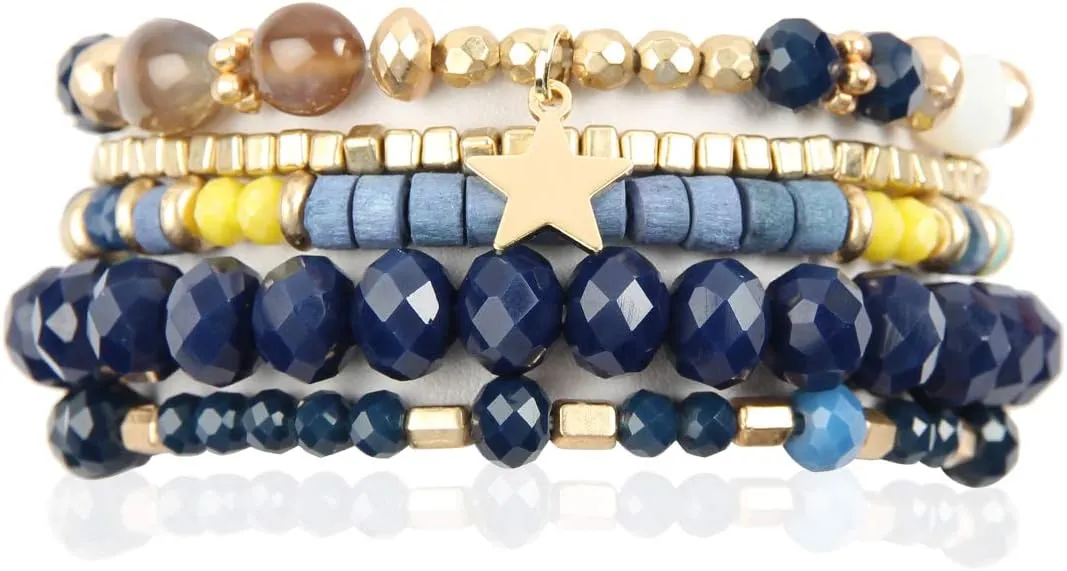 RIAH FASHION Bohemian Multi-Layer Beaded Pendant Statement Stretch Strand Bracelet - Sparkly Bead Tassel Pom Pom Star Charm Stack Cuff Bangles