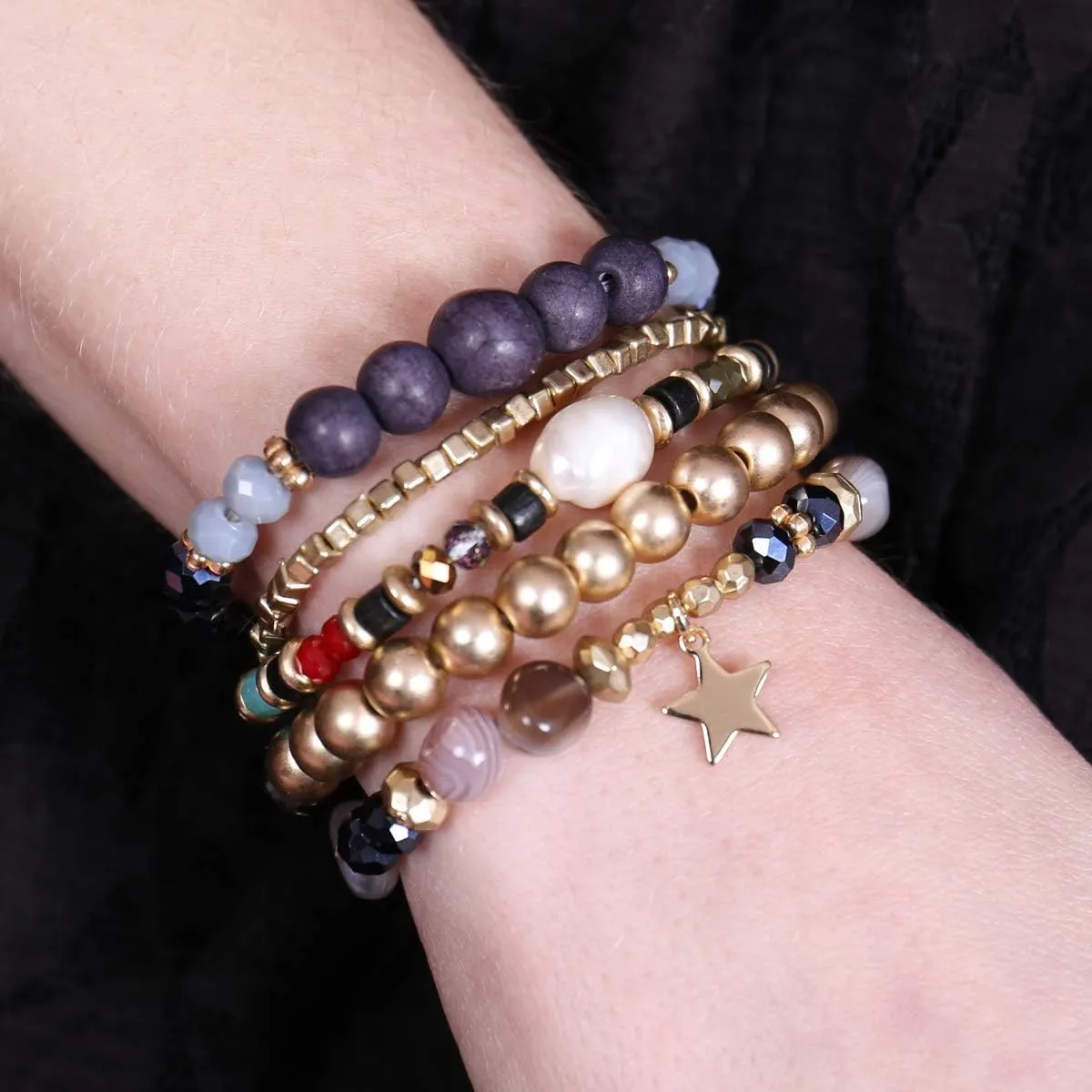 RIAH FASHION Bohemian Multi-Layer Beaded Pendant Statement Stretch Strand Bracelet - Sparkly Bead Tassel Pom Pom Star Charm Stack Cuff Bangles