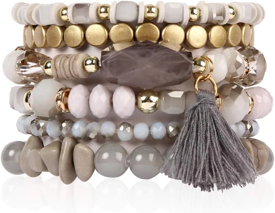 RIAH FASHION Coin Bead Multi Layer Versatile Statement Bracelets - Stackable Beaded Strand Stretch Bangles Sparkly Crystal, Tassel Charm