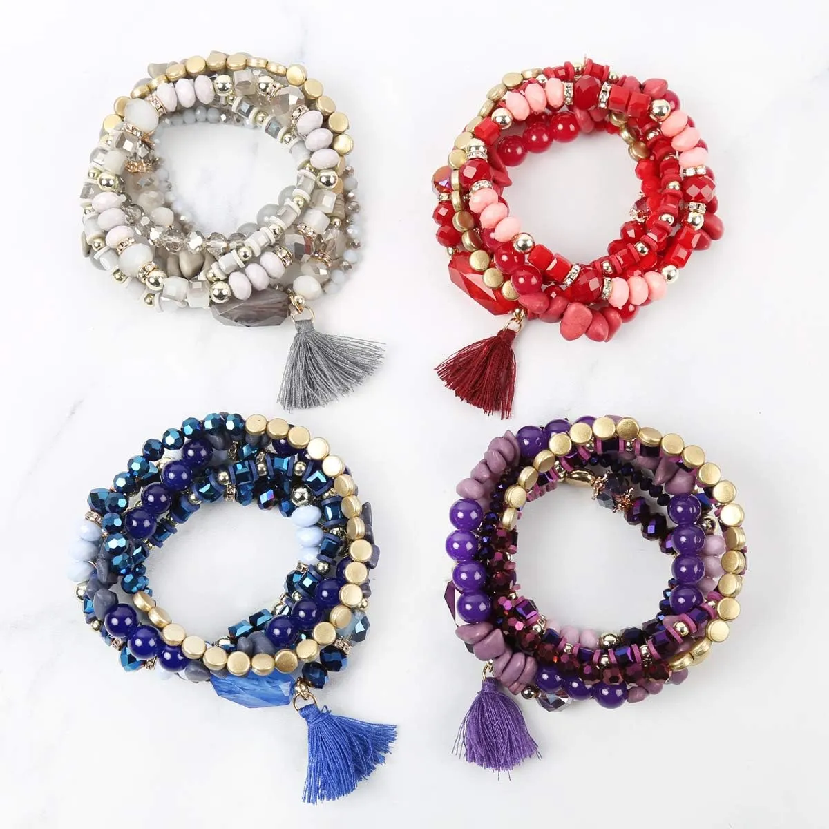 RIAH FASHION Coin Bead Multi Layer Versatile Statement Bracelets - Stackable Beaded Strand Stretch Bangles Sparkly Crystal, Tassel Charm