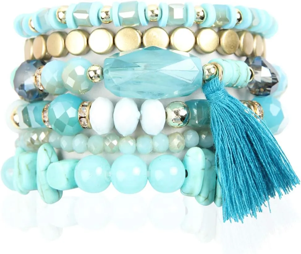 RIAH FASHION Coin Bead Multi Layer Versatile Statement Bracelets - Stackable Beaded Strand Stretch Bangles Sparkly Crystal, Tassel Charm