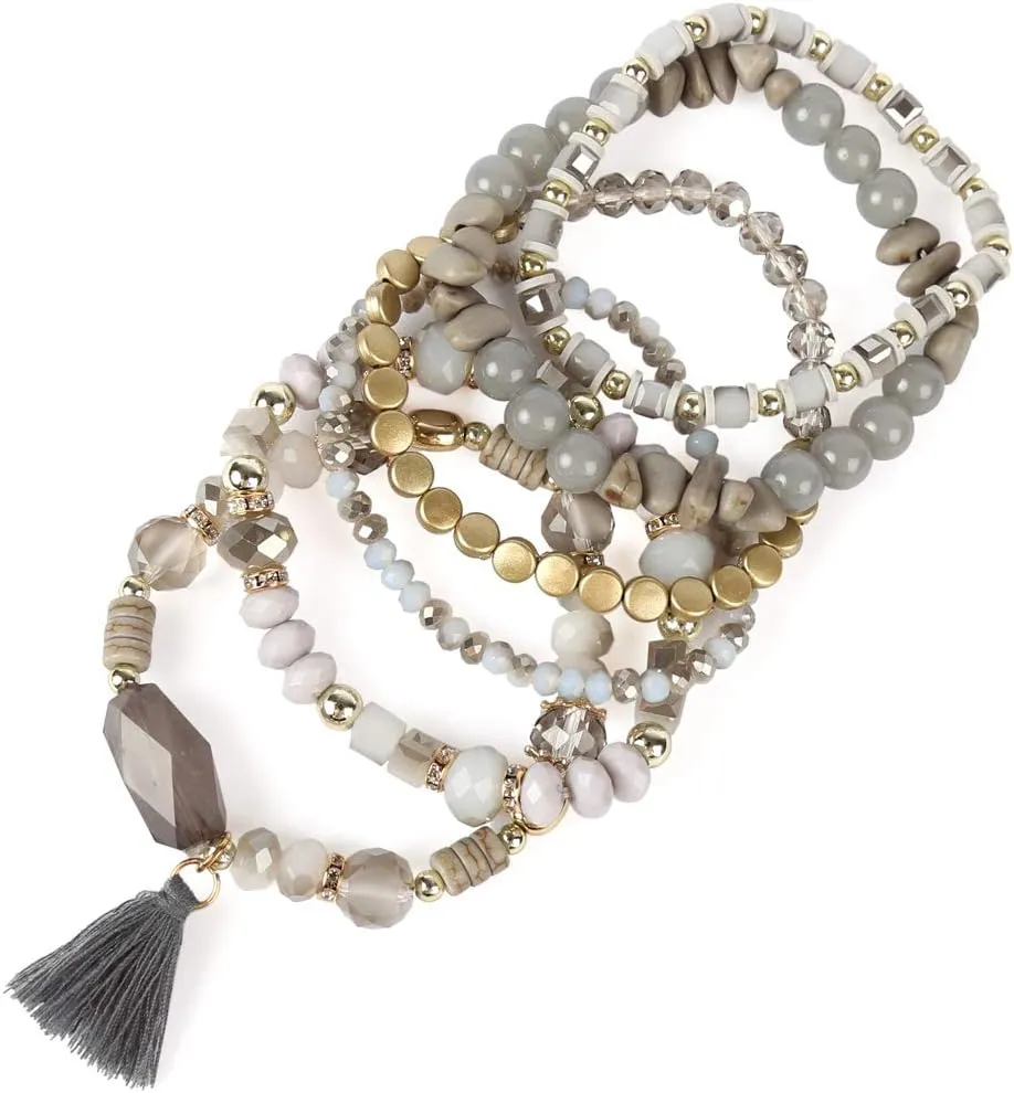 RIAH FASHION Coin Bead Multi Layer Versatile Statement Bracelets - Stackable Beaded Strand Stretch Bangles Sparkly Crystal, Tassel Charm