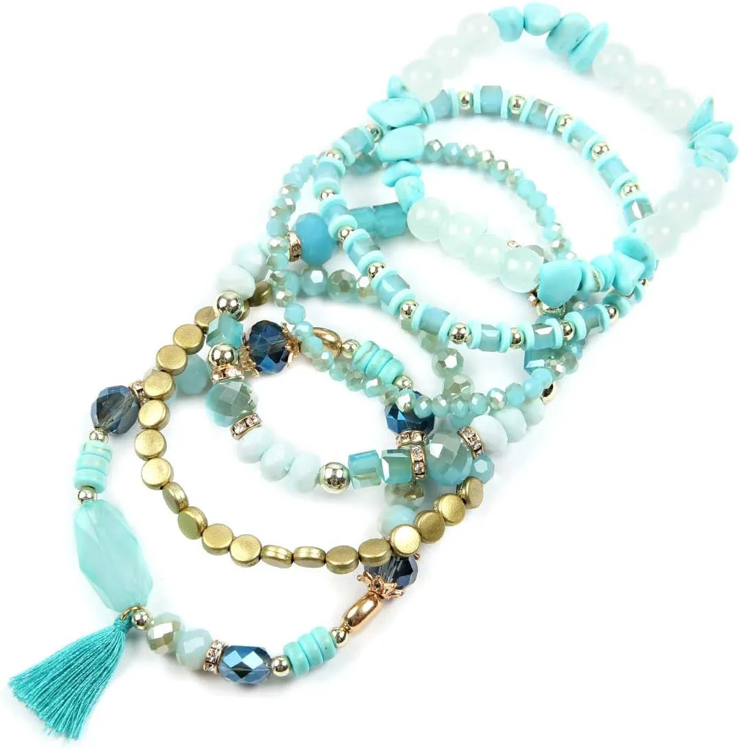 RIAH FASHION Coin Bead Multi Layer Versatile Statement Bracelets - Stackable Beaded Strand Stretch Bangles Sparkly Crystal, Tassel Charm