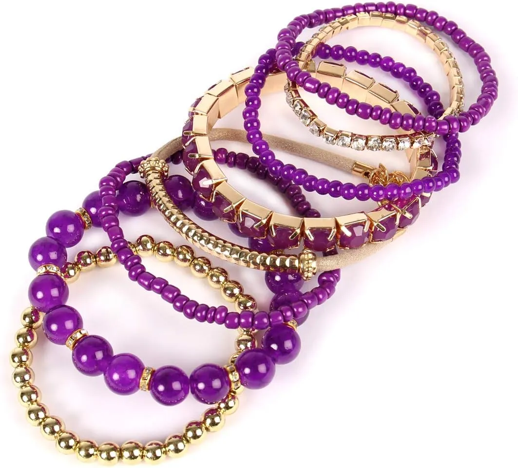 RIAH FASHION Multi Color Stretch Beaded Stackable Bracelets - Layering Bead Strand Statement Wrap Bangles