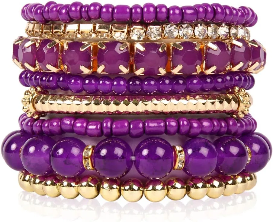 RIAH FASHION Multi Color Stretch Beaded Stackable Bracelets - Layering Bead Strand Statement Wrap Bangles