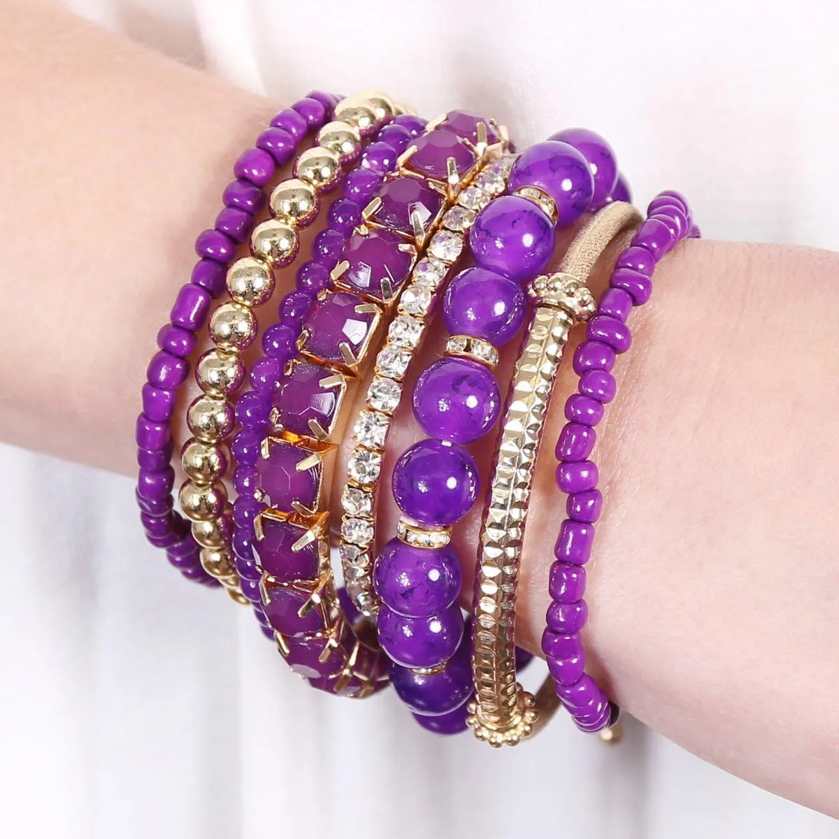 RIAH FASHION Multi Color Stretch Beaded Stackable Bracelets - Layering Bead Strand Statement Wrap Bangles
