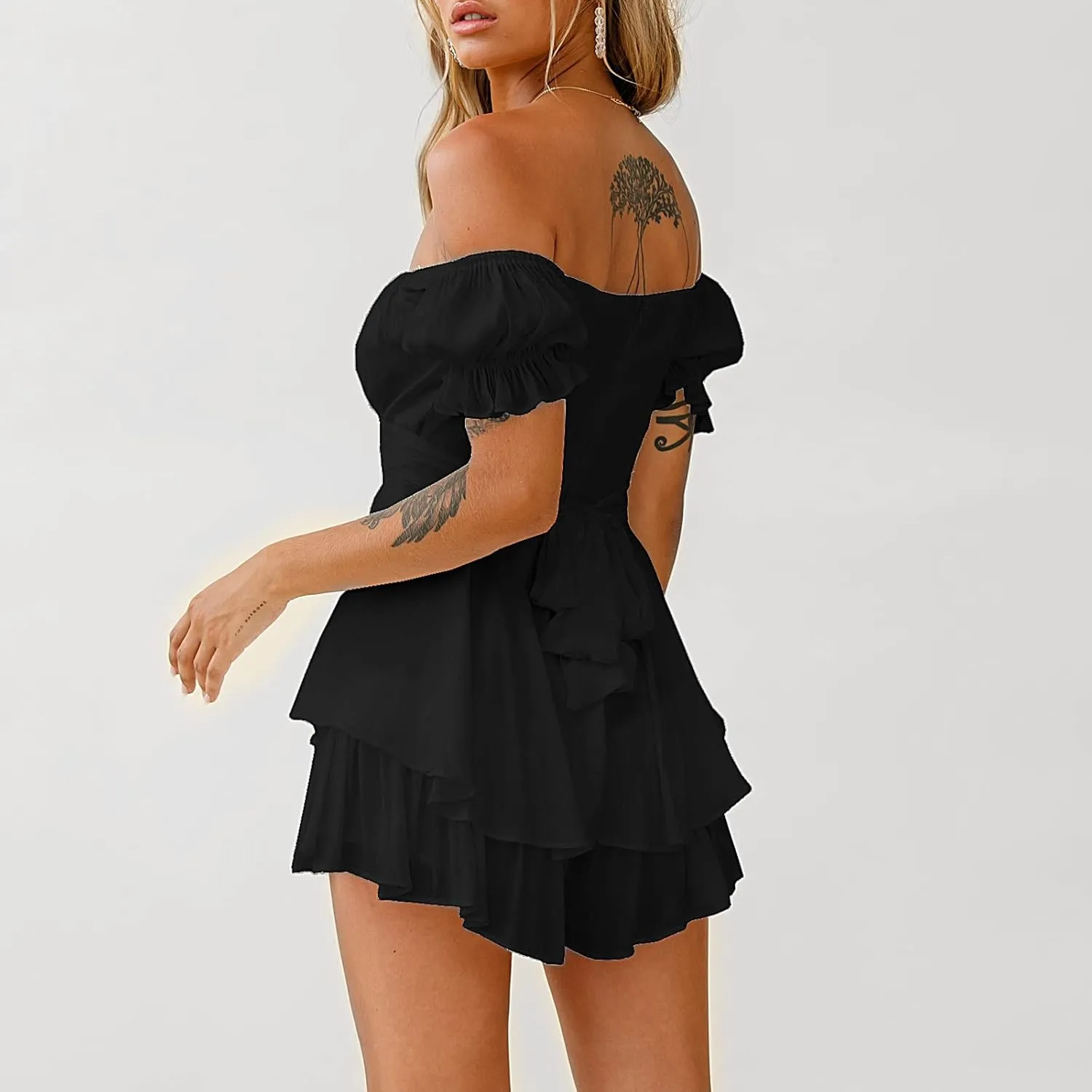 Rompers for Women Boho Off Shoulder Rompers Short Sleeve Ruffle Layer Back Tie Mini Short Jumpsuit
