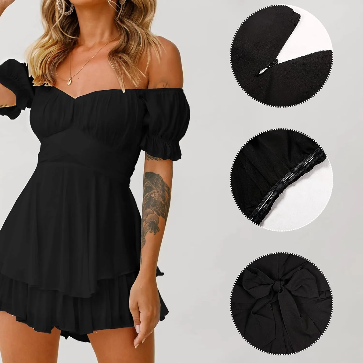 Rompers for Women Boho Off Shoulder Rompers Short Sleeve Ruffle Layer Back Tie Mini Short Jumpsuit