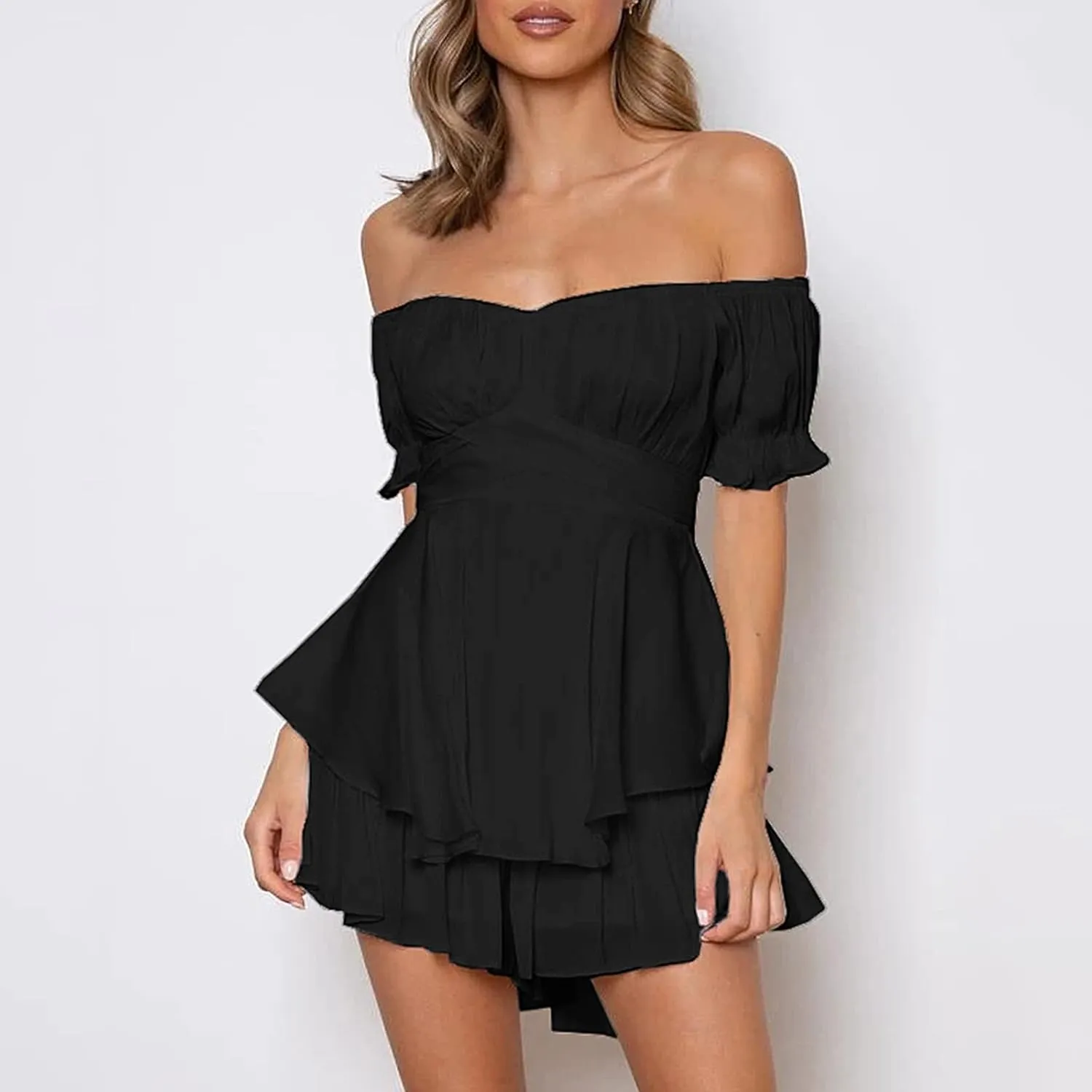 Rompers for Women Boho Off Shoulder Rompers Short Sleeve Ruffle Layer Back Tie Mini Short Jumpsuit