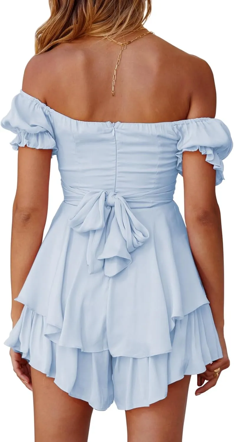Rompers for Women Boho Off Shoulder Rompers Short Sleeve Ruffle Layer Back Tie Mini Short Jumpsuit