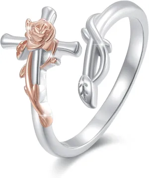 Rose Flower Cross Ring Jewelrly Gifts Silver Rose Cross Christian Crucifix Purity Inspirational Band Ajustable Rings Pray Cross Faith Jewelry for Her Women