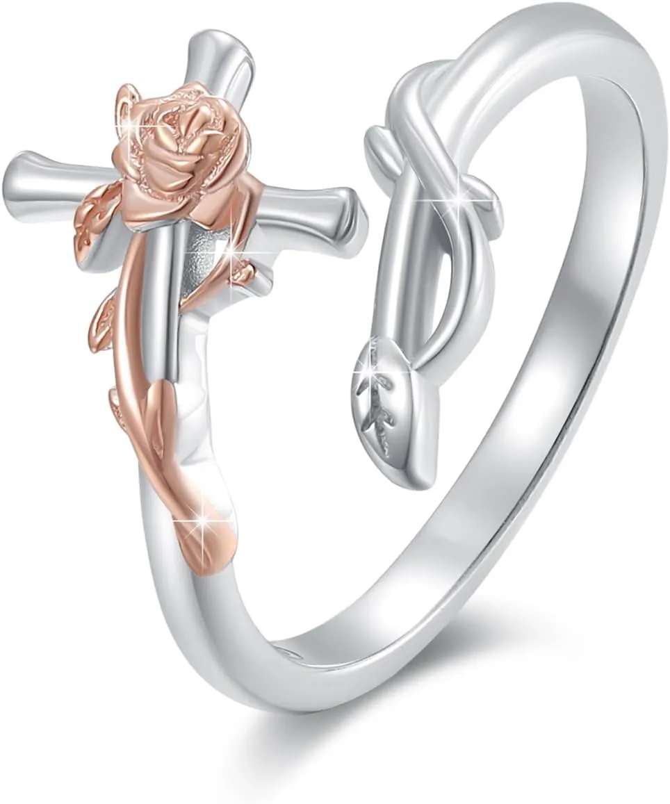 Rose Flower Cross Ring Jewelrly Gifts Silver Rose Cross Christian Crucifix Purity Inspirational Band Ajustable Rings Pray Cross Faith Jewelry for Her Women