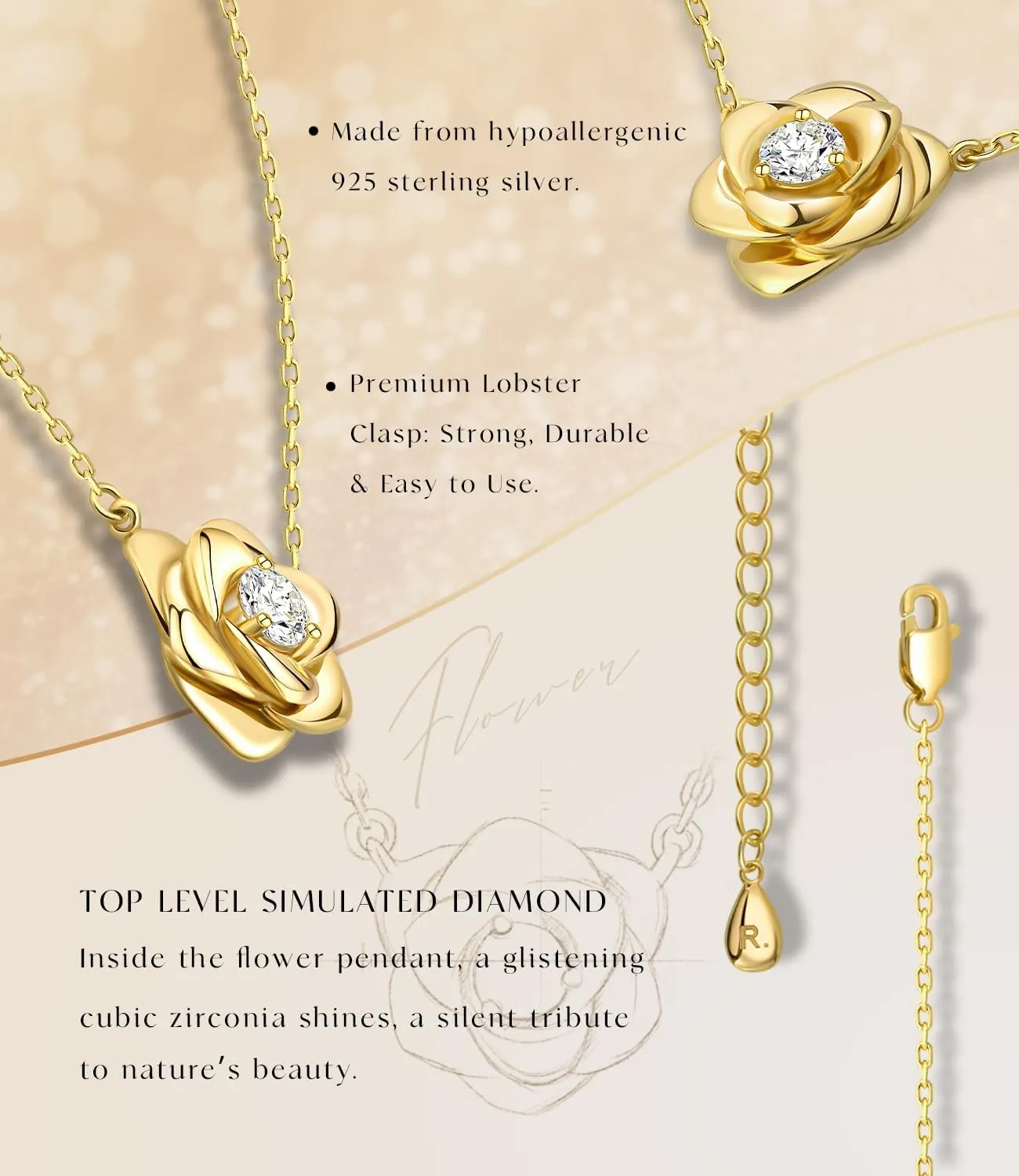 Rose Flower Necklace Gold Plated Sterling Silver Pendant Jewelry for Women, Hypoallergenic & Nickel Free