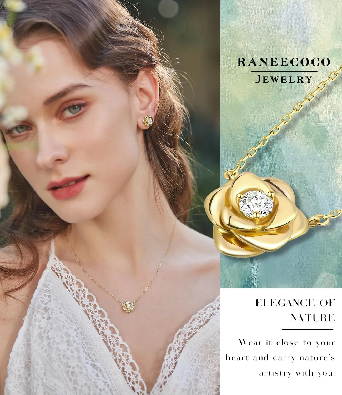 Rose Flower Necklace Gold Plated Sterling Silver Pendant Jewelry for Women, Hypoallergenic & Nickel Free