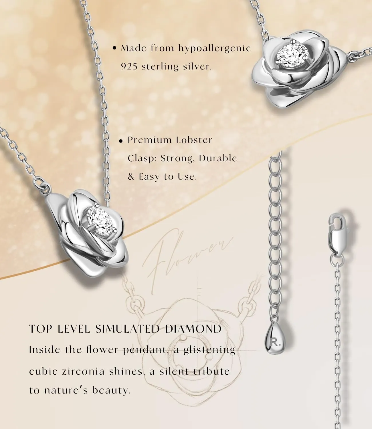 Rose Flower Necklace Gold Plated Sterling Silver Pendant Jewelry for Women, Hypoallergenic & Nickel Free