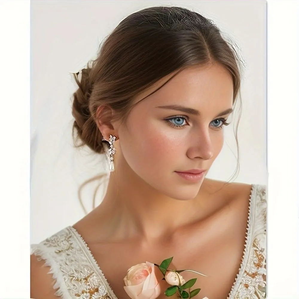 Roseeden Pearl Wedding Earrings for Brides, Bridesmaids, Bridal Pearl Cluster Earrings, Cubic Zirconia Pearl Drop Stud Earrigs for Women (Pearl Earring 03- Silver)