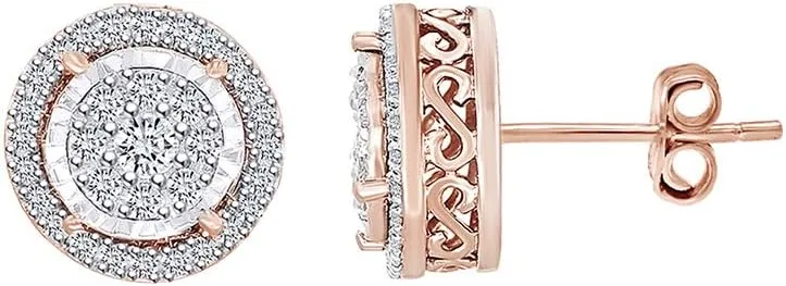 Round White Natural Diamond Miracle Illusion Cluster Stud Earrings 10k Solid Gold (I-J Color, I2-I3 Clalrity)