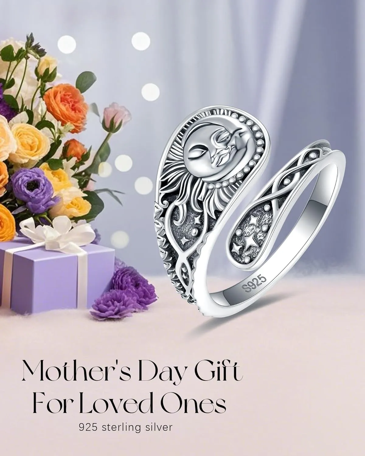 S925 Jewelry Gift for Mom/Daughter/Wife/Women Turquoise/Opal/Obsidian/Moonstone Dragonfly/Butterfly/Cross/Sunflower/Compass/Hummingbird/Lotus Vintage Thumb Spoon Adjustable Ring
