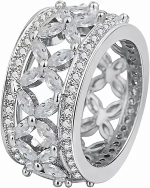 S925 Silver Plated Rings Cubic Zirconia Clover Flower Ring | 12mm Eternity Rings for Women | Silver Rings for Women