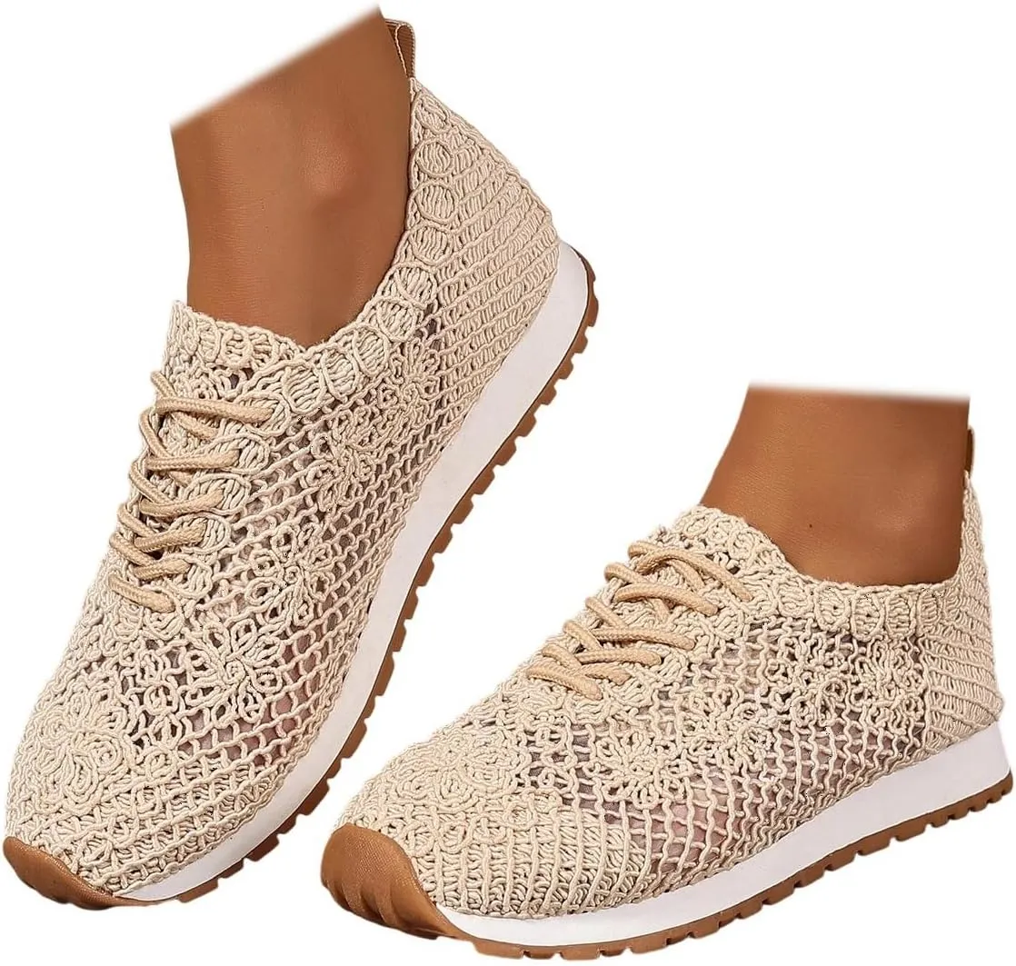 SACFOF Women's Fashion Knit Walking Sneakers Slip on Lightweight Breathable Casual Shoes Floral Lace Breathable Flat Sneakers