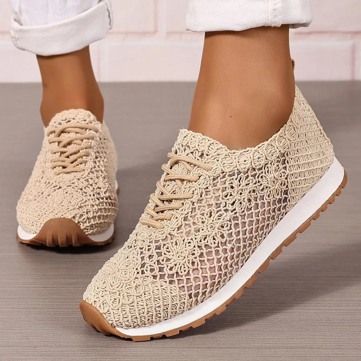 SACFOF Women's Fashion Knit Walking Sneakers Slip on Lightweight Breathable Casual Shoes Floral Lace Breathable Flat Sneakers