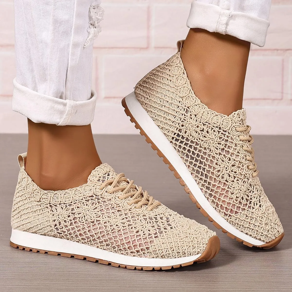 SACFOF Women's Fashion Knit Walking Sneakers Slip on Lightweight Breathable Casual Shoes Floral Lace Breathable Flat Sneakers