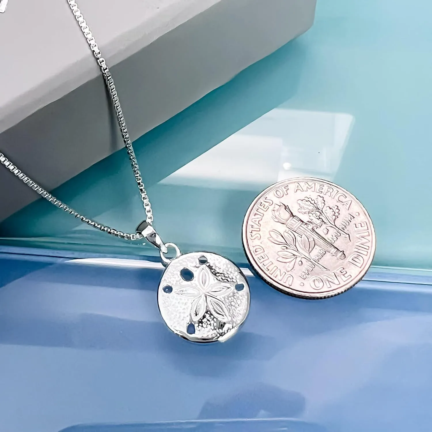 Sand Dollar Necklace, Sterling Silver Sand dollar Necklace for Women, Beach Charm Pendant Necklace (18 inches plus 2-inch extender)